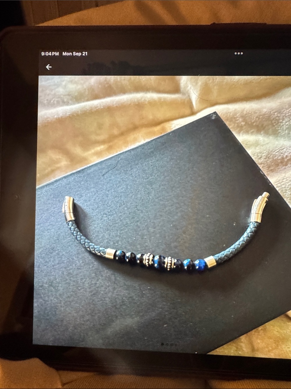 Men's Blue Braided Leather Bead Bracelet - Unbranded